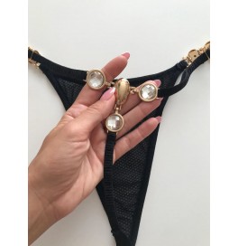 2023 Siyah file gold aksesuarlı detaylı gstring, külot