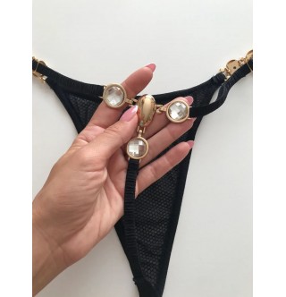 2023 Siyah file gold aksesuarlı detaylı gstring, külot
