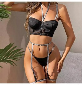 Kadın siyah jartiyer g-string takımı, string