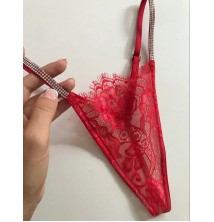 Kadın Kırmızı Dantel Kristalli G string Külot