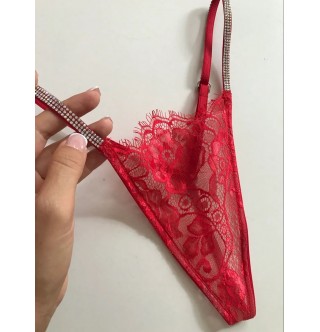 Kadın Kırmızı Dantel Kristalli G string Külot